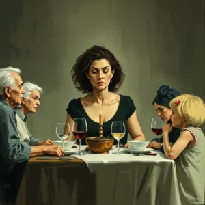 Artistic representation for Unexplained dislike: woman unravels family dynamics at dinner