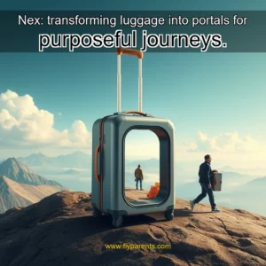 Artistic representation for Nex: transforming luggage into portals for purposeful journeys.